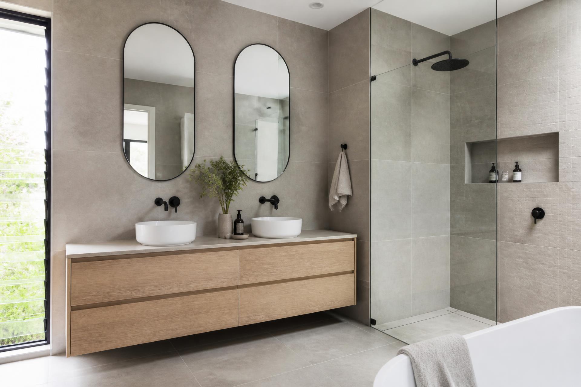 Salle de bain rénovée avec céramique grand format, douche vitrée et vanité en bois