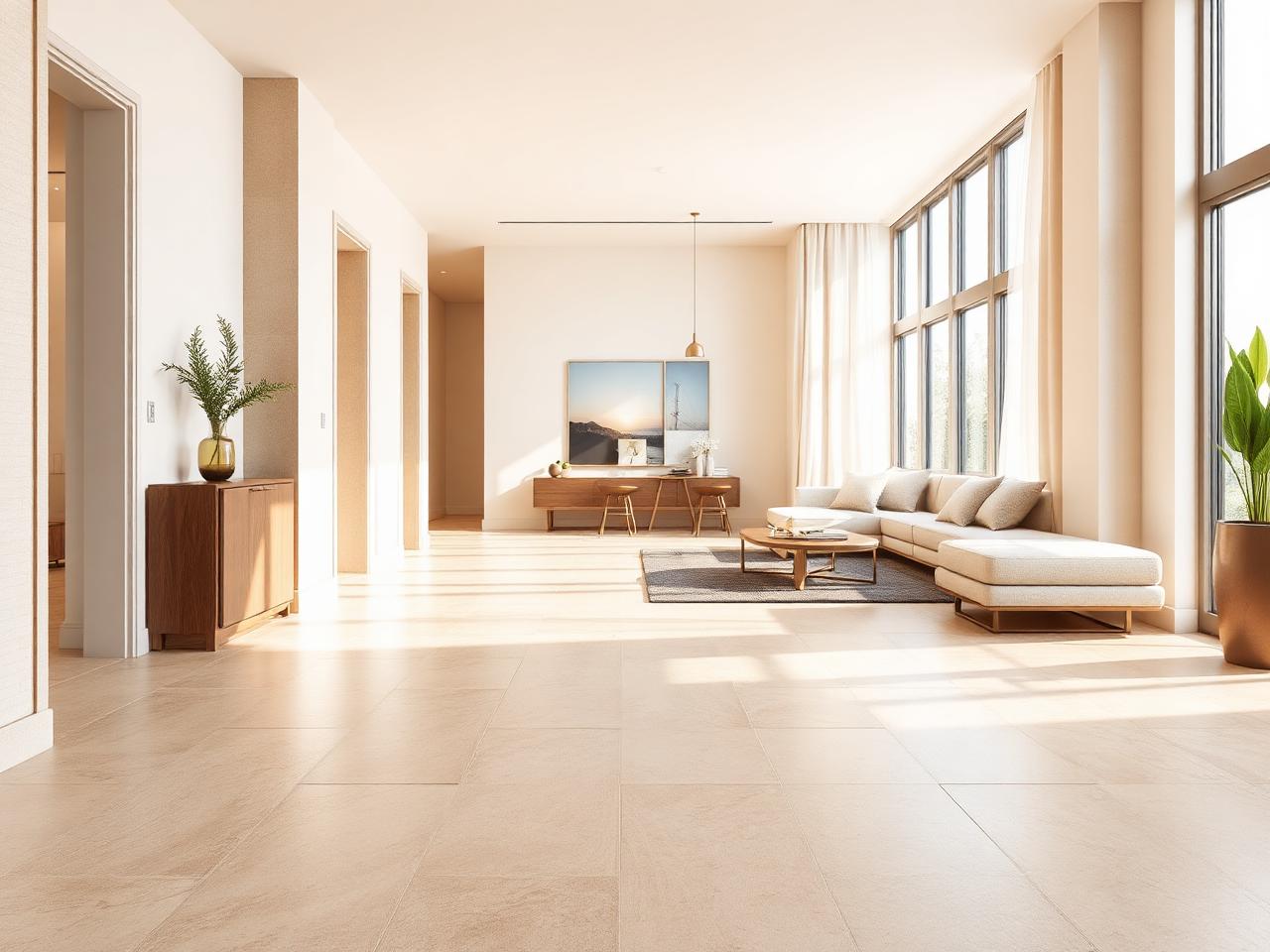Plancher grand format posé dans une aire de vie lumineuse
