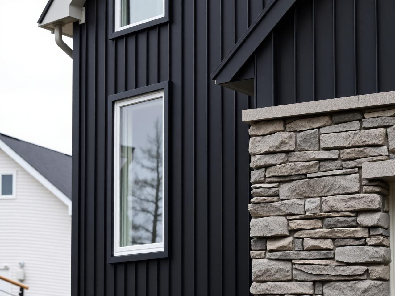 Façade résidentielle avec revêtement vertical foncé et accent de pierre
