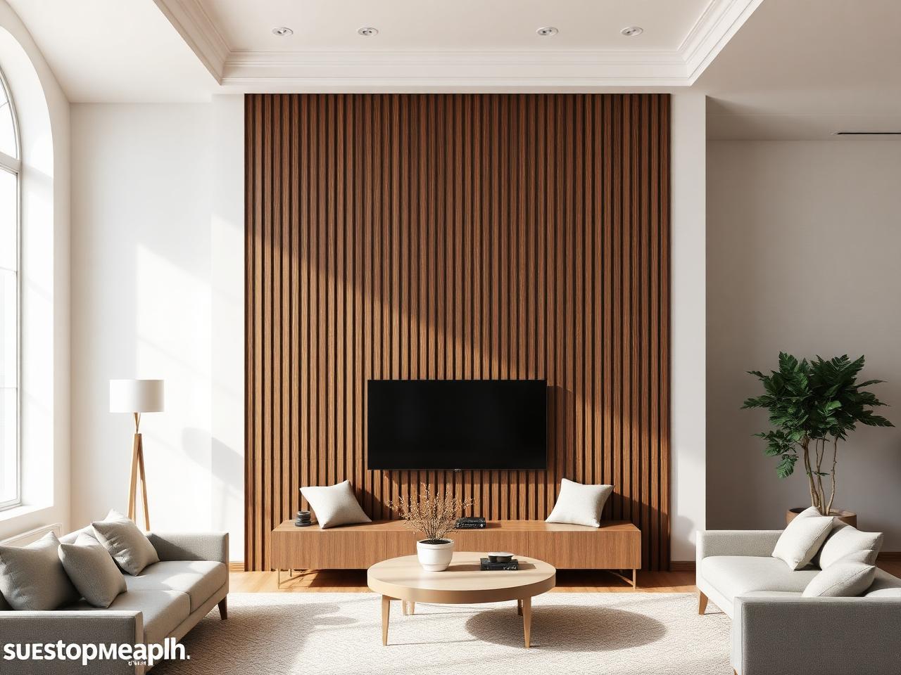 Mur d'accent intérieur avec revêtement en lattes de bois