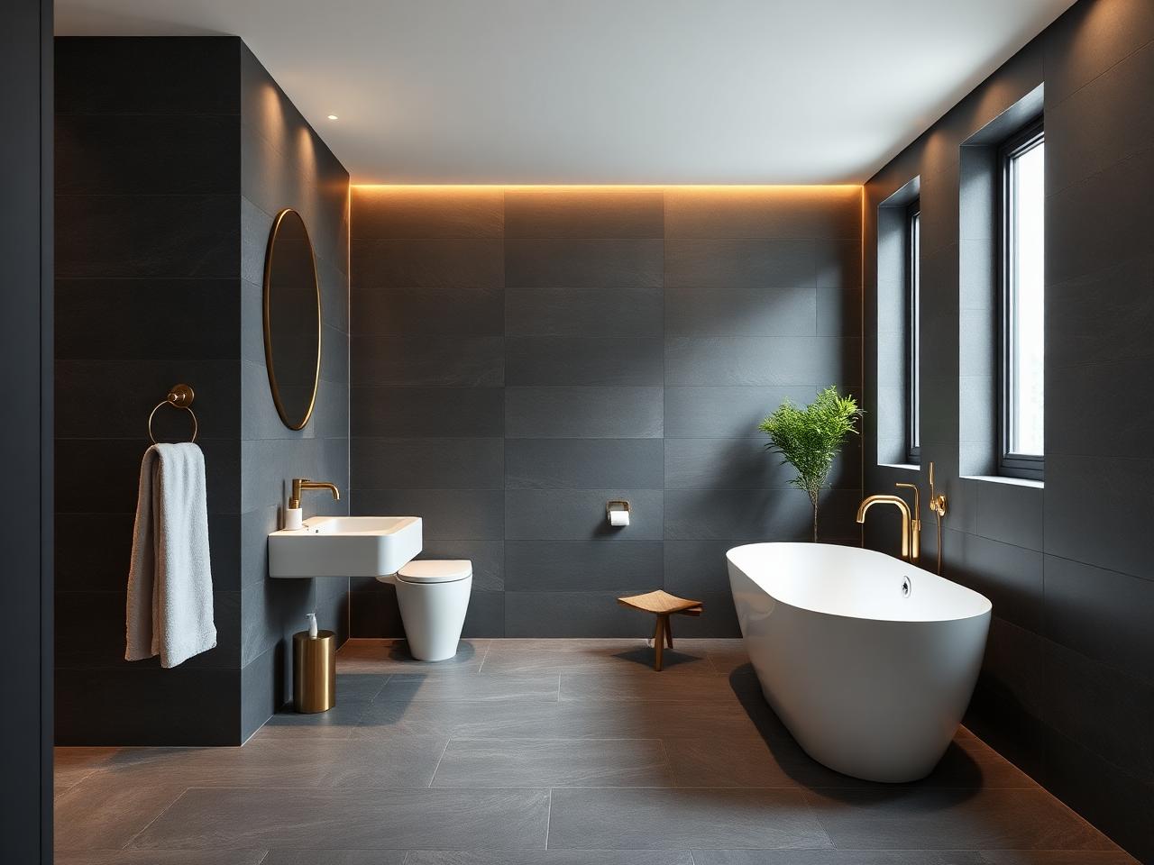 Salle de bain anthracite avec bain autoportant et céramique grand format