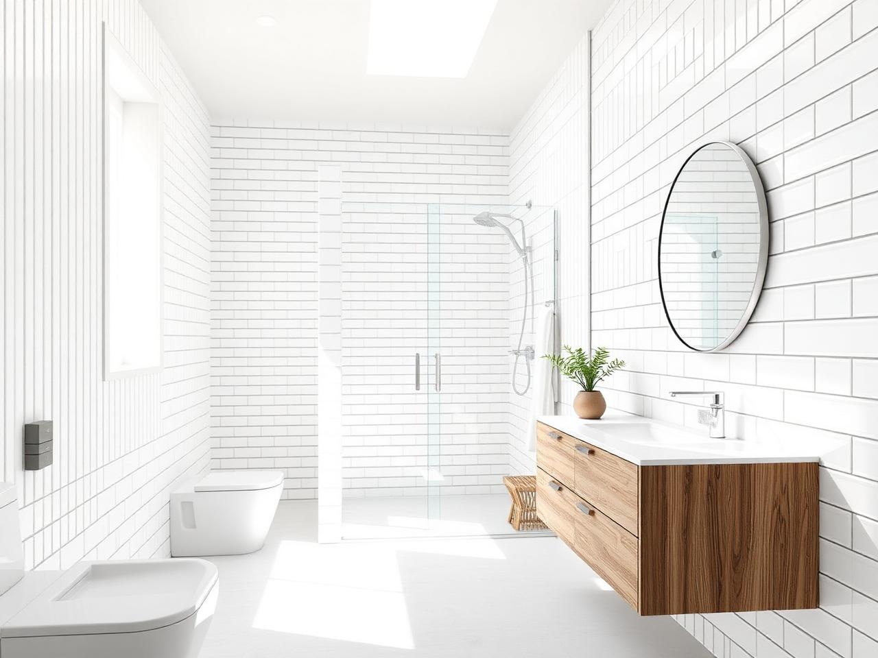 Salle de bain lumineuse avec murs carrelés blancs et vanité en bois